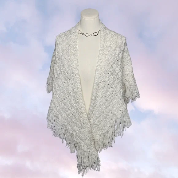 Vtg Off White Handmade Crochet Knit Boho Hippie Festival Prairie Shawl Fringe - Picture 1 of 6
